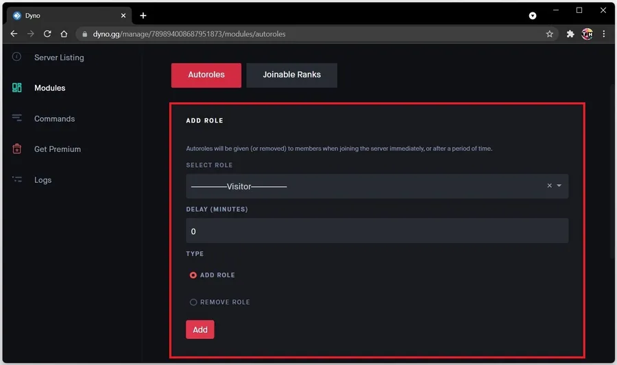 We will select the Visitor role, use a delay of 0 minutes, and select Add Role