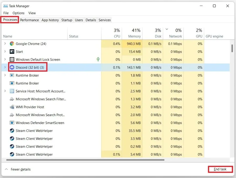 Task Manager > Processes > Discord > End Task