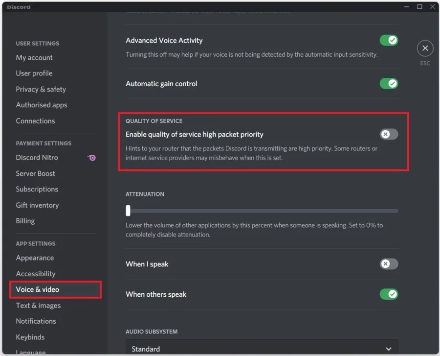 Discord User Settings > Voice & Video > Quality of Service