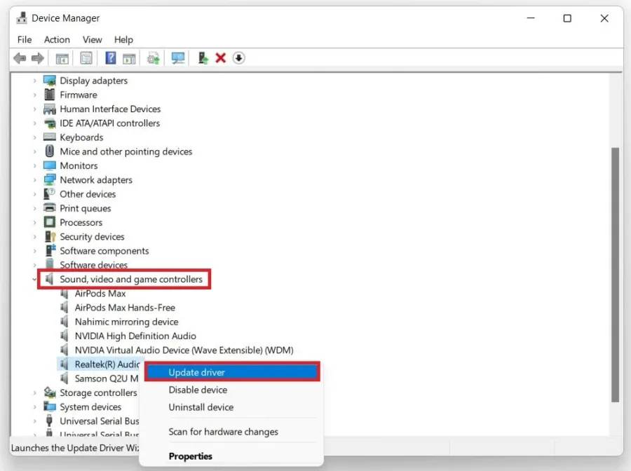 Device Manager > Sound, video and game controllers > Update Driver