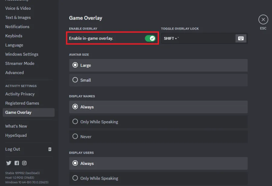 Discord User Settings > Game Overlay
