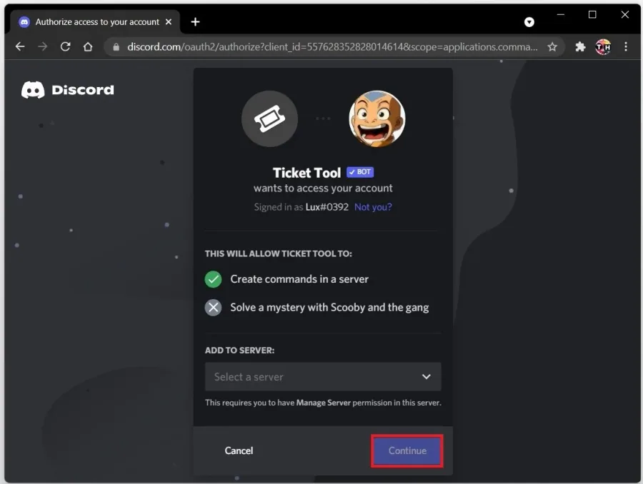 Invite the Ticket Tool Discord bot to your server