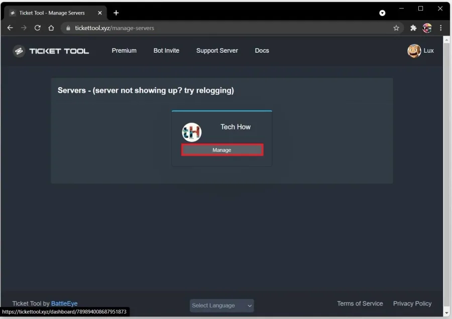 Ticket Tool website > Manage Server