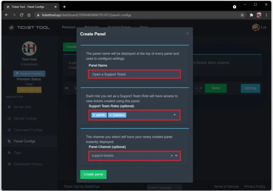 Ticket Tool > Ceate Panel > Panel Channel