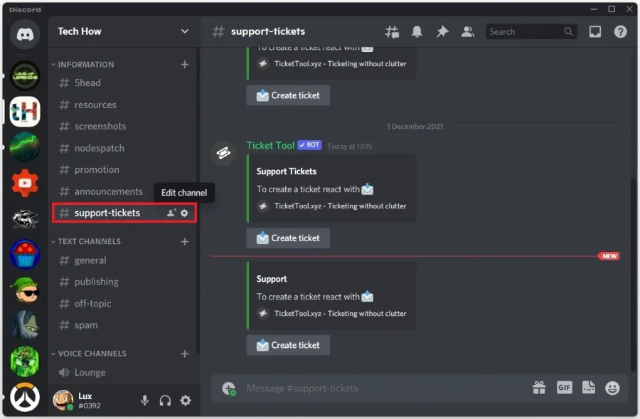 Discord Server > Create New Text Channel