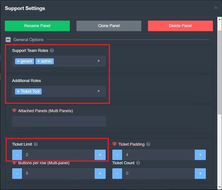 Ticket Tool > Create Panel > Support Settings