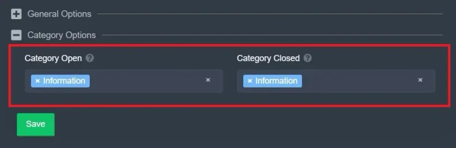 Ticket Tool > Create Panel > Category Options