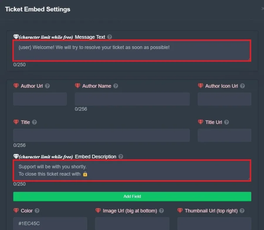 Ticket Tool > Create Panel > Ticket Embed Settings