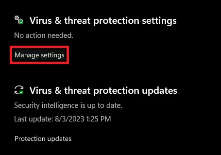 virus manage settings