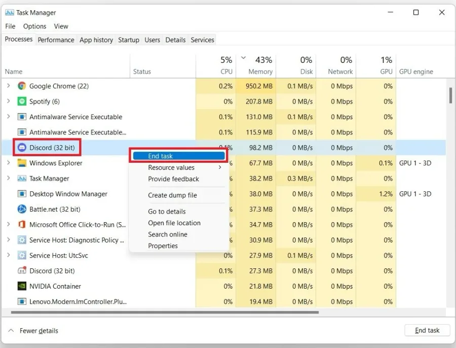 Task Manager > Processes > Discord > End Task