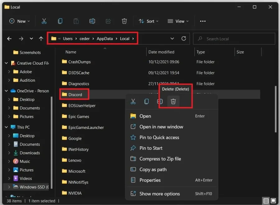 AppData > Local > Discord (Delete)