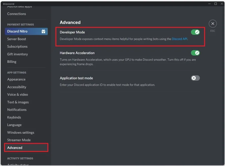 Discord Settings > Advanced > Developer Mode
