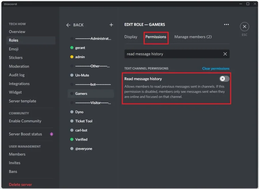 Discord Roles Settings > Permissions > Read Message History