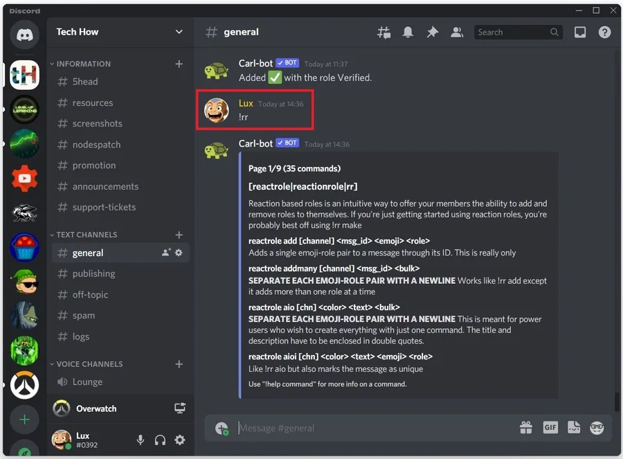 Use the !rr command to preview all of the Carl bot commands