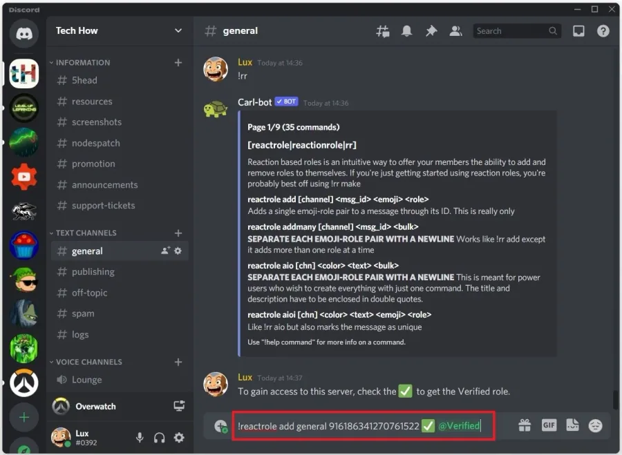 Next, use the command: !reactrole add, the channel is #general, then we need the…