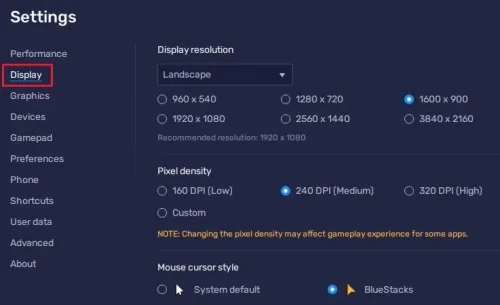 bluestacks display settings