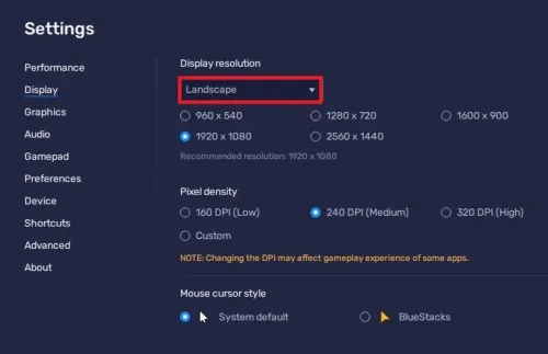 BlueStacks Display Settings