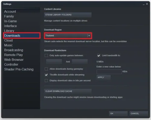 Steam Settings > Downloads > Download Region