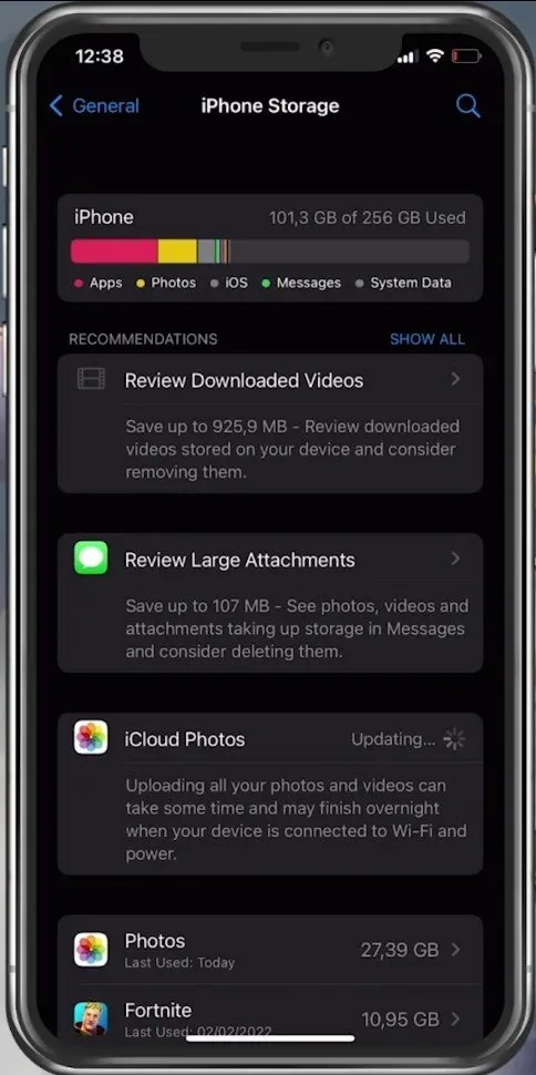 iPhone Settings > General > iPhone Storage