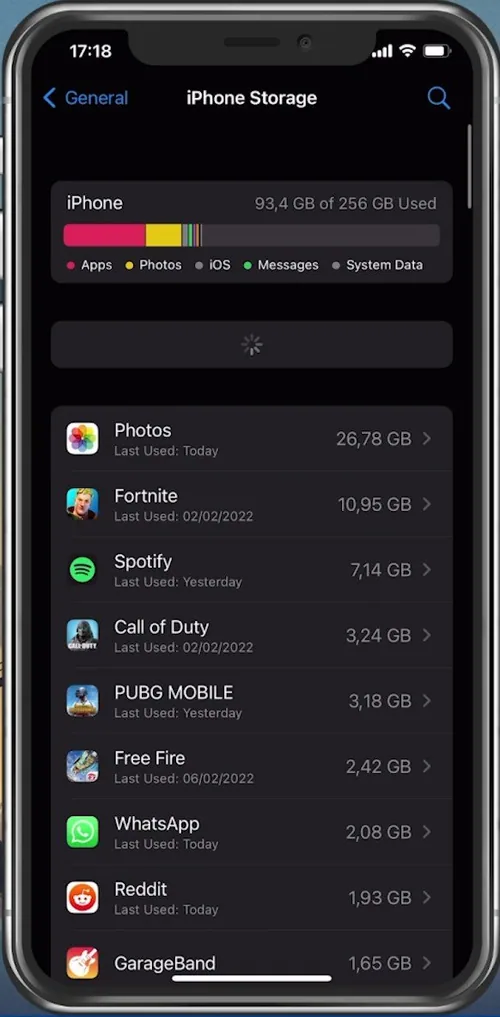 iPhone Settings > General > iPhone Storage
