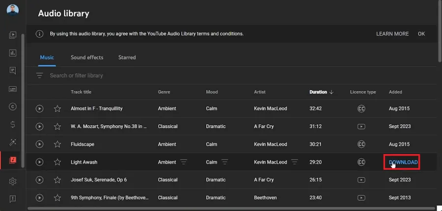 download from audio library