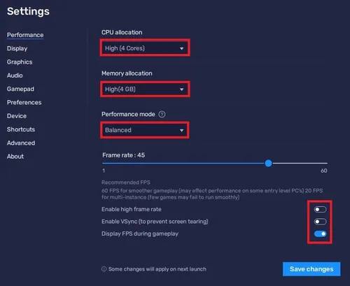 BlueStacks Performance Settings