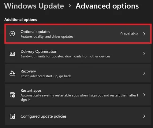 Windows Update > Advanced Options > Optional Updates