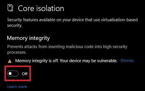 Windows Security Settings > Core Isolation > Memory Integrity