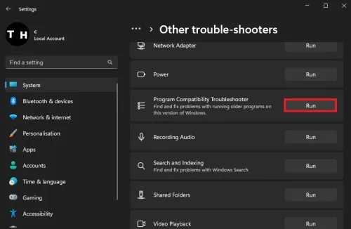 System Settings > Troubleshoot > Other trouble-shooters