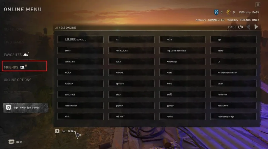 Dying Light 2 Online Menu > Friends