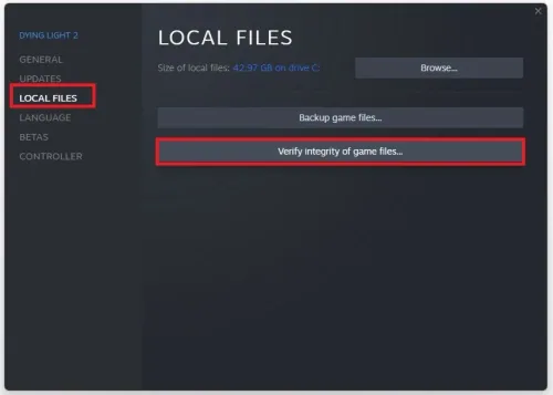 Dying Light 2 Properties > Local Files > Verify Integrity