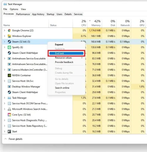 Task Manager > Processes > End Task
