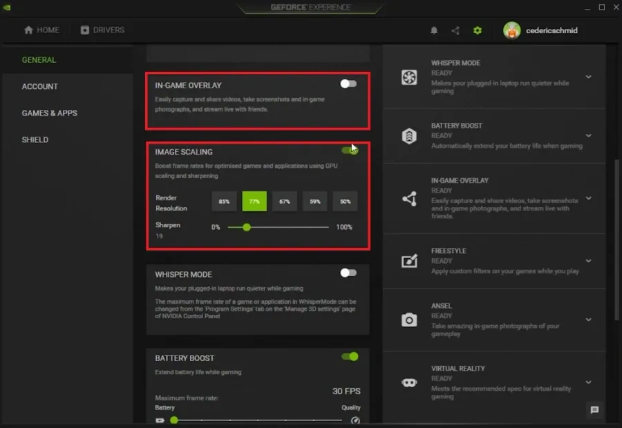 GeForce Experience > General Settings > Image Scaling