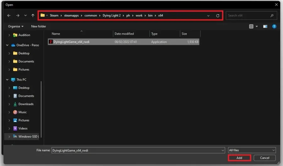 Program Files > Steam > steamapps > common > Dying Light 2 > ph > work > bin > x64 > DyingLightGame