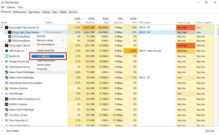 Task Manager > Processes > Dying Light 2 > Go to details