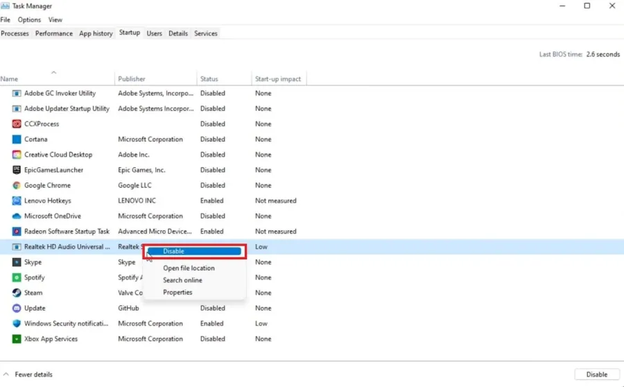 Task Manager > Startup