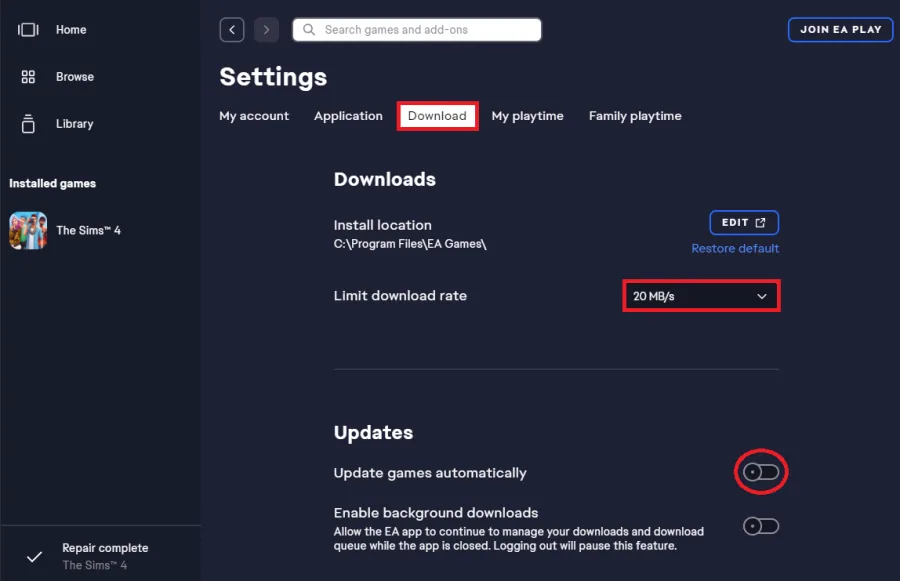 ea launcher download settings