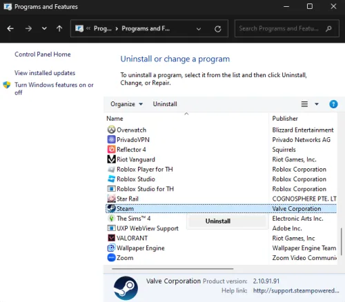 uninstall the steam application