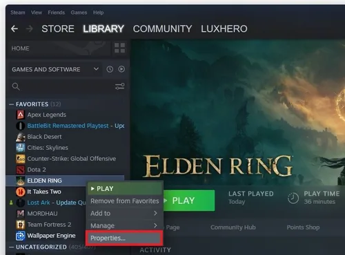 Steam library > Elden Ring > Properties