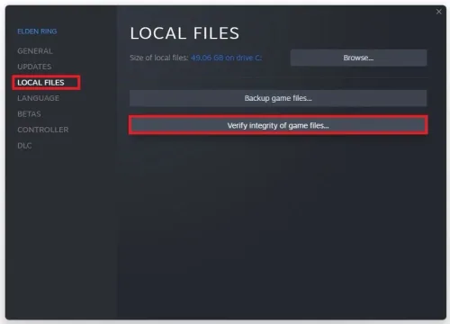 Elden Ring Properties > Local Files > Verify Game Files