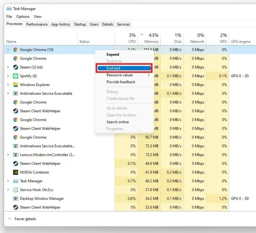 Task Manager > Processes > End Task