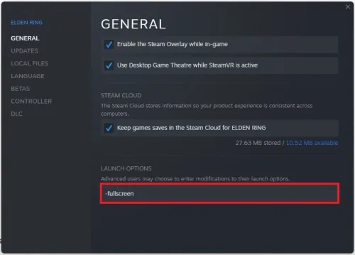 Elden Ring Properties > General > Launch Options