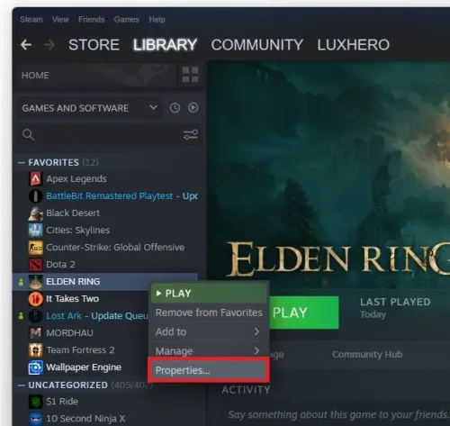 Steam library > Elden Ring > Properties