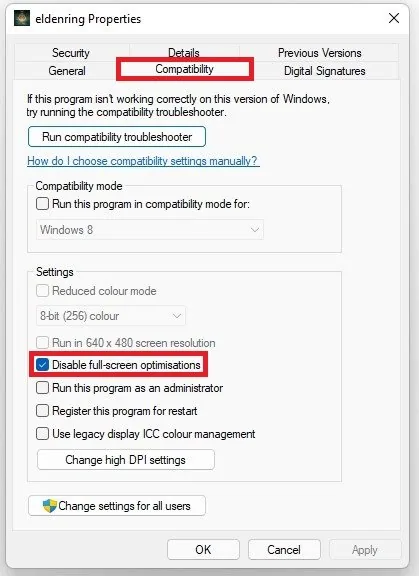 Elden Ring Properties > Disable Fullscreen Optimizations