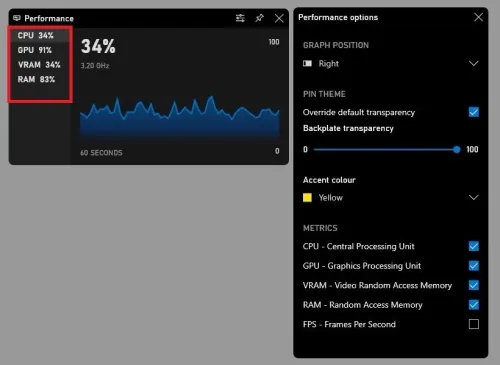 Xbox Game Bar > Performance Widget
