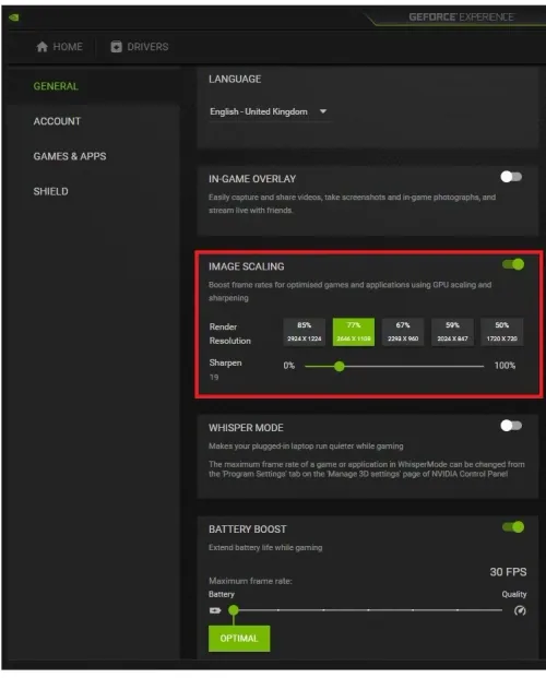 GeForce Experience > General Settings > Image Scaling