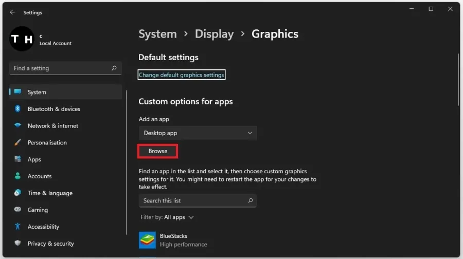 Display Settings > Graphics > Browse