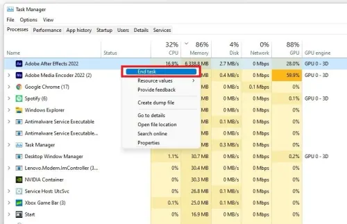 Task Manager > Processes > End Task