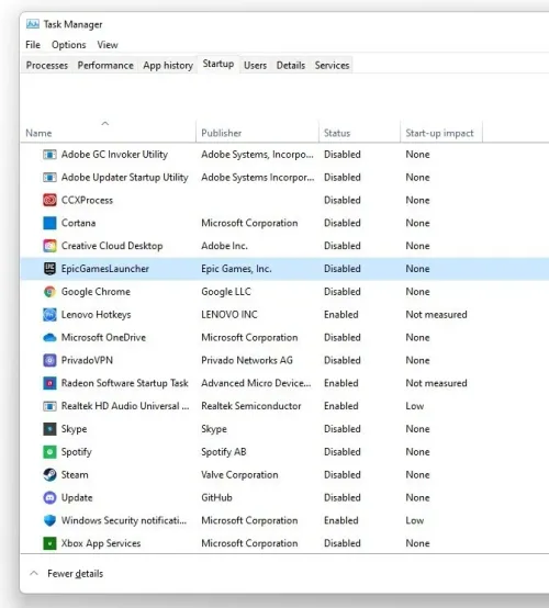 Task Manager > Startup