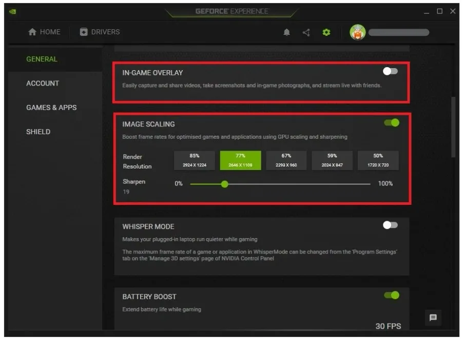 GeForce Experience > General Settings > In-Game Overlay & Image Scaling